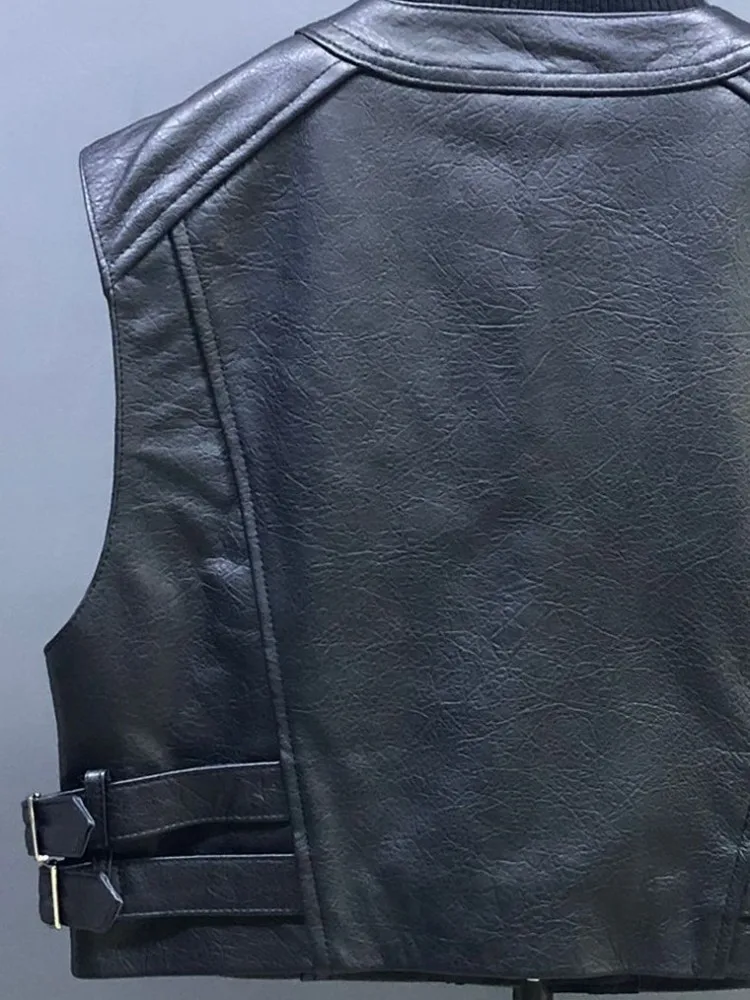 High Quality Ladies Solid Color V-Neck Leisure Style Genuine Leather Vest Handmade Zipper Sleeveless Loose Cowhide Outerwear