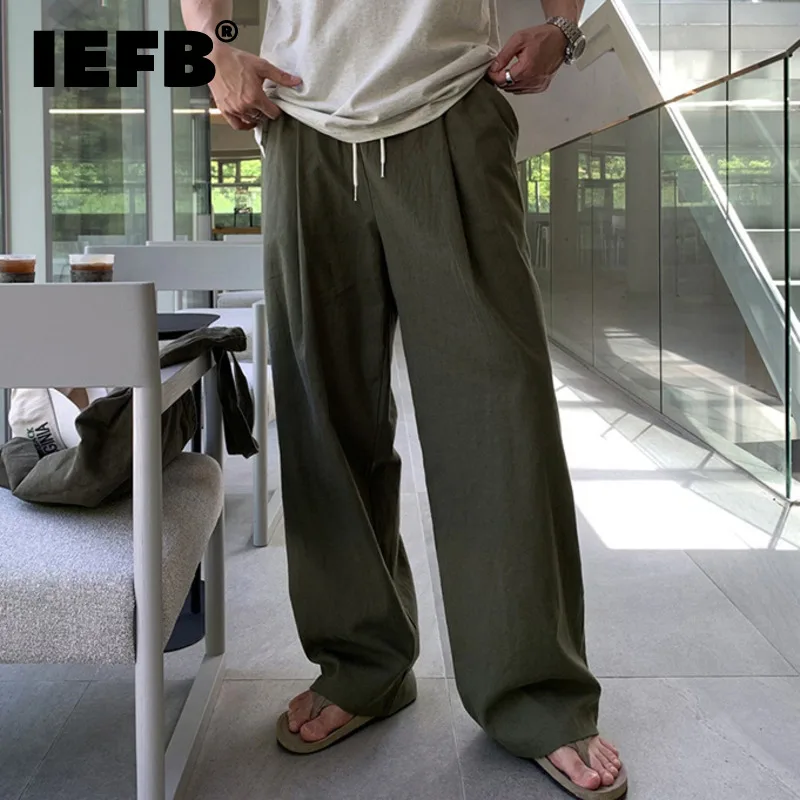

IEFB Korean Style Male Pants Casual Drawstring Pocket Bottom Straight Wide Leg Elastic Waist Loose Male Trousers New Chic 9C6533