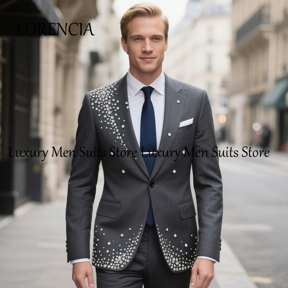 

Elegant Crystal Suits for Men 2 Pieces Flat Collar Tuxedos Wedding Groom Outfits Customized Blazer Pants robe mariage femme