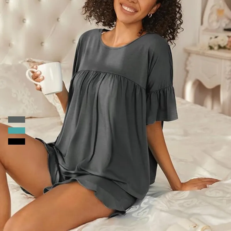 

Plus-size women's spring and autumn modal pajama set loose short-sleeve shorts homewear for ladies