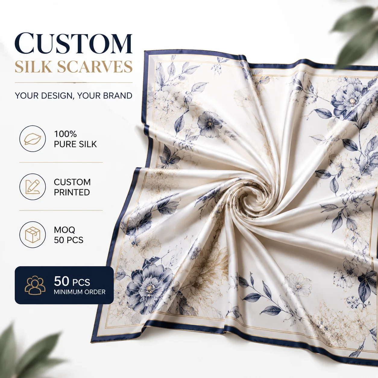 50Pcs/Lot Custom 100% Pure Silk Scarf Print Your Own Logo Real Silk Bandana Neckerchief Wholesale Customization