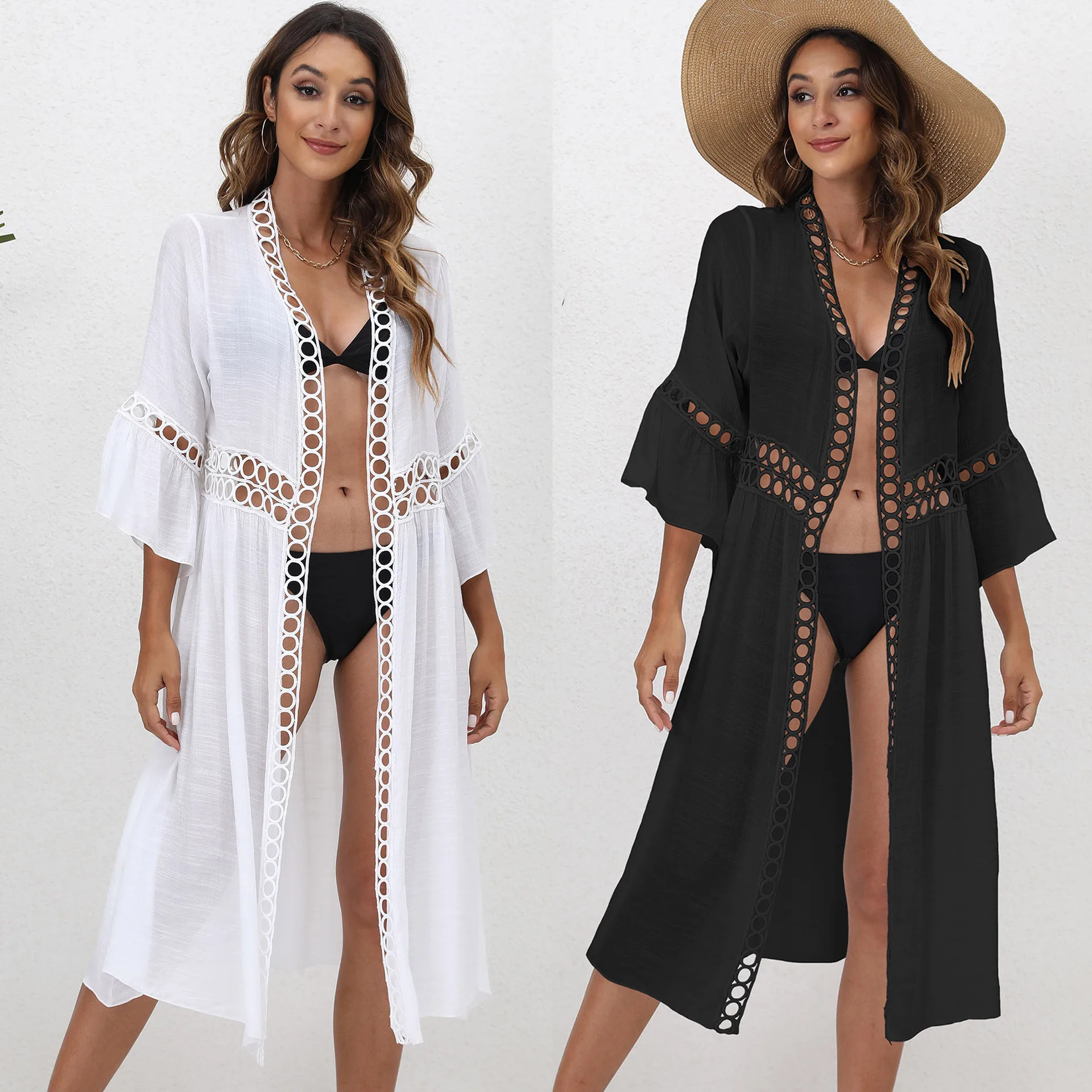 Women's Fashion Beach Vacation Sun Protection Cardigan Lace Patchwork 3/4 Sleeve Cover Up Loose Slim Fit Versatile Beach Jacket