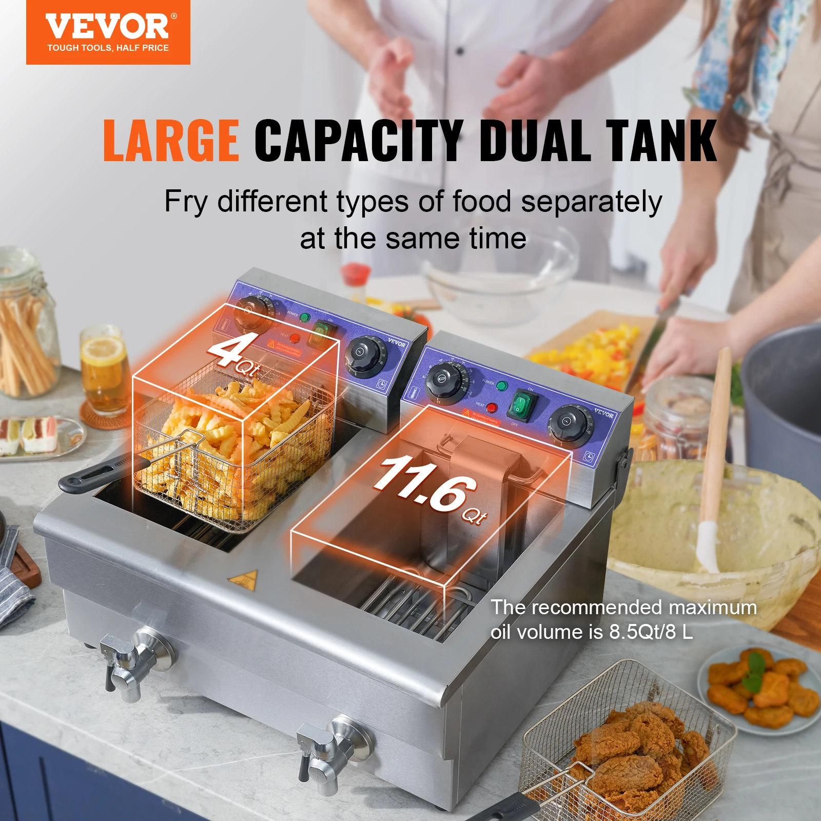 VEVOR Freidora Eléctrica Comercial 2 Tanques 12L 6000W Freidora de Aceite de Acero Inoxidable con 2 Cestas para Freír Temperatura y Tiempo Ajustables 50-200°C para Aros de Cebolla Pollo Patatas Fritas