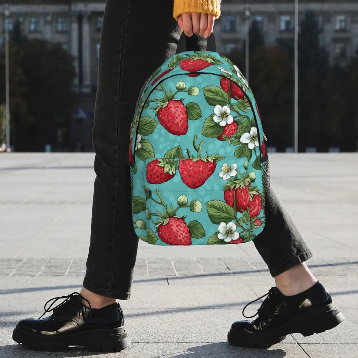 Beautiful Highly Stylized Strawberry With Flowers Pattern Backpack Student BookBag Men Women School Bag Computer Shoulder Bags