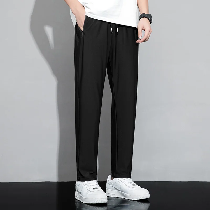 

Тонкие дышащие прямые брюки из ледяного шелка, летние мужские повседневные спортивные брюки для фитнеса, эластичные брюки для улицы