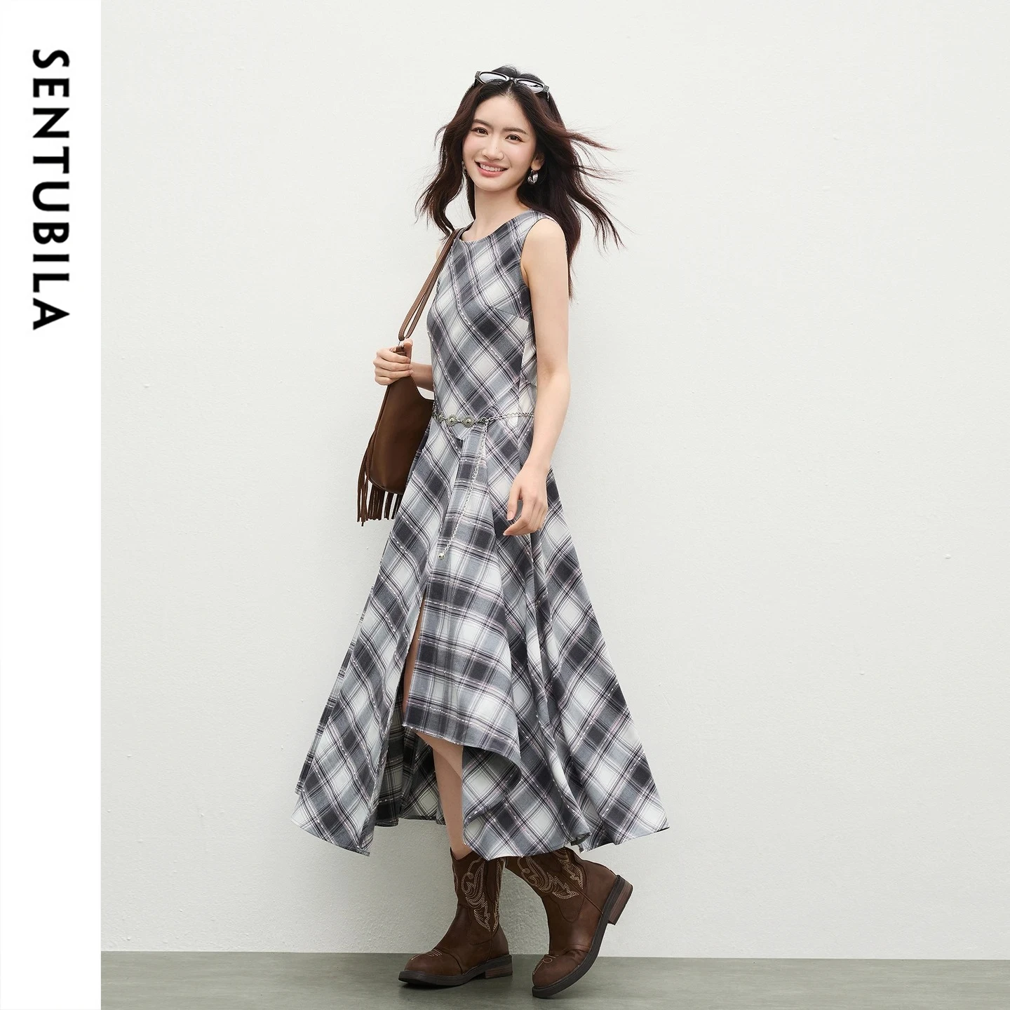 SENTUBILA Vintage Plaid Dresses for Women Summer Versatile Round Neck Asymmetrical Hem Split Elegant Midi Tank Dress 162LP6930