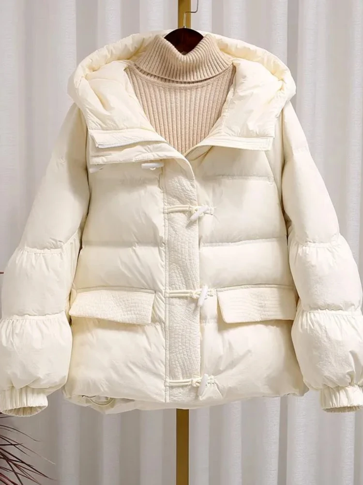 2023 Winter Short Hooded Warm Jacket Women Top Quality Fluffy Down Cotton Coat Female Fashion Horn Button Thick Cotton Outwear