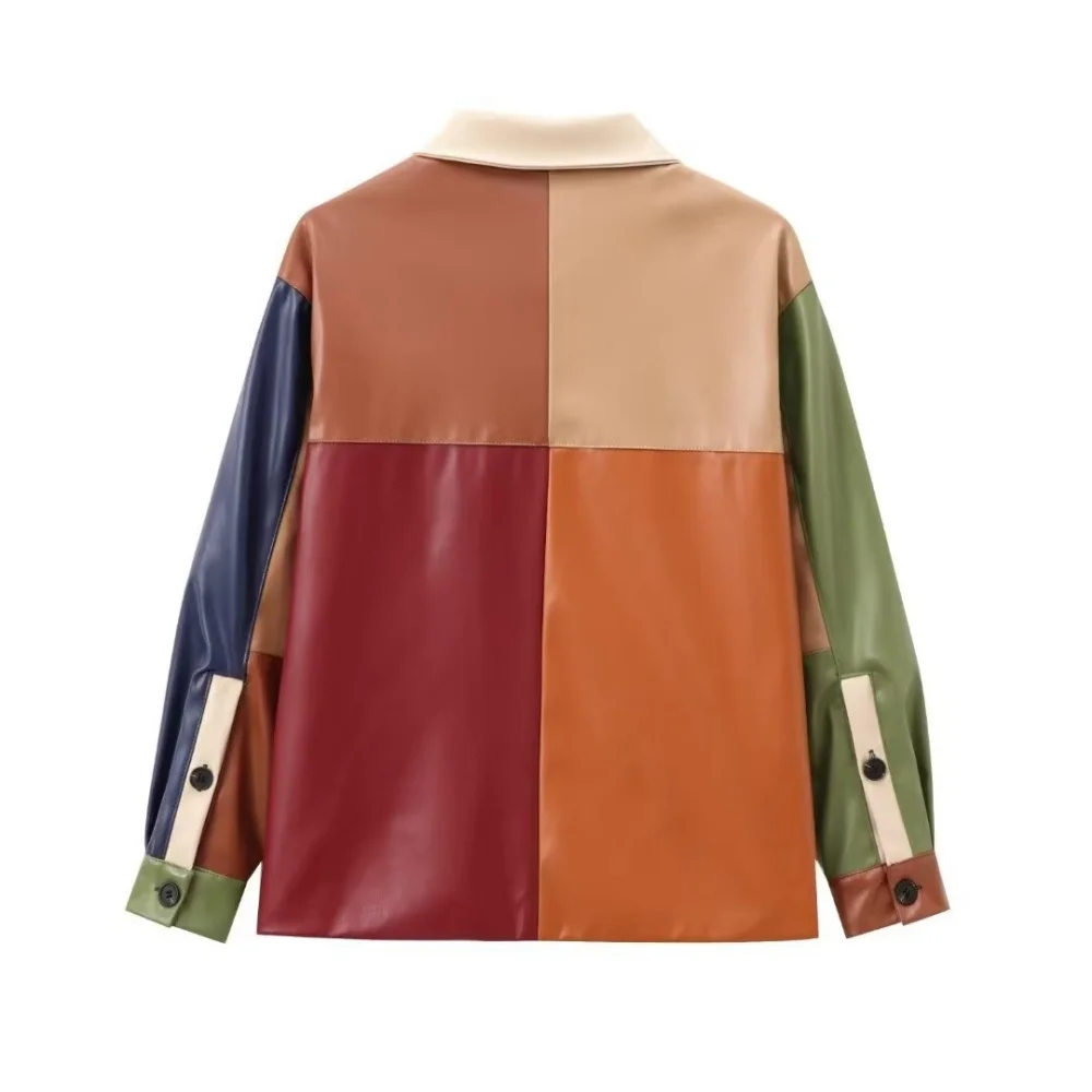 Women's contrasting color patchwork leather jacket with a single breasted pocket and a loose jacket for autumn and winter