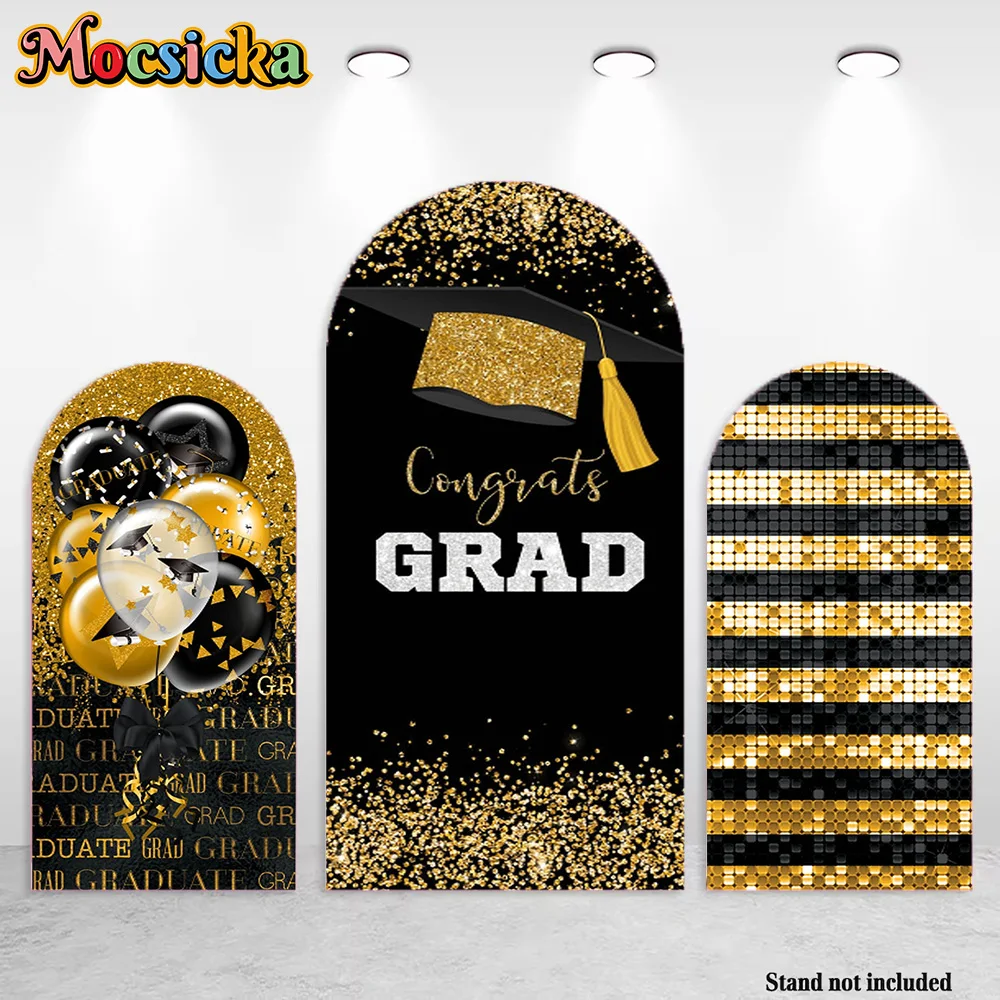 Mocsicka Congrats Grad Arched Background Photography Glitter Gold Bachelor's Hat Backdrop Decor Student Kids Photobooth Studio