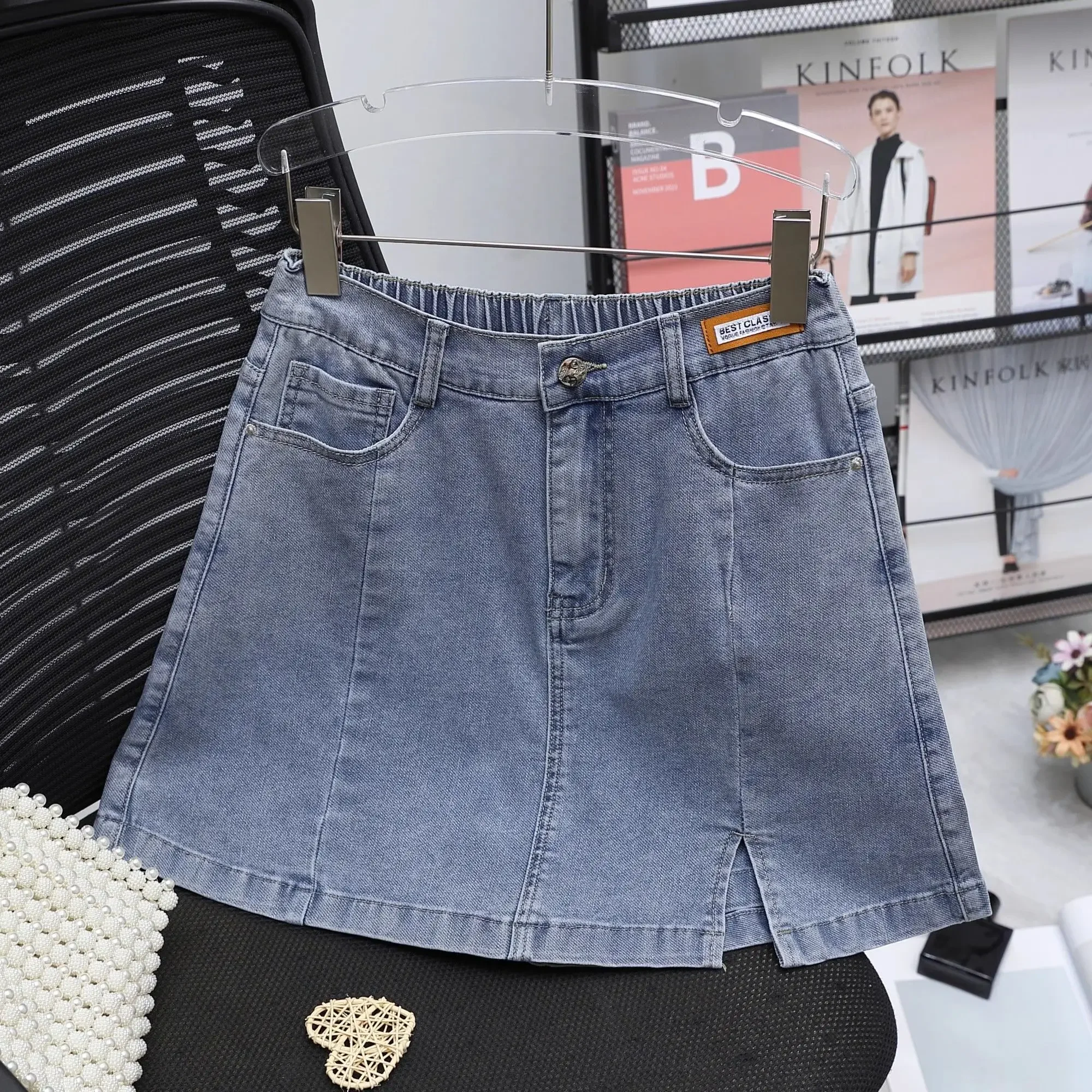 Elastic waisted denim shorts skirt for summer, oversized stretch denim midi skirt, slim and high waisted A-line pants skirt