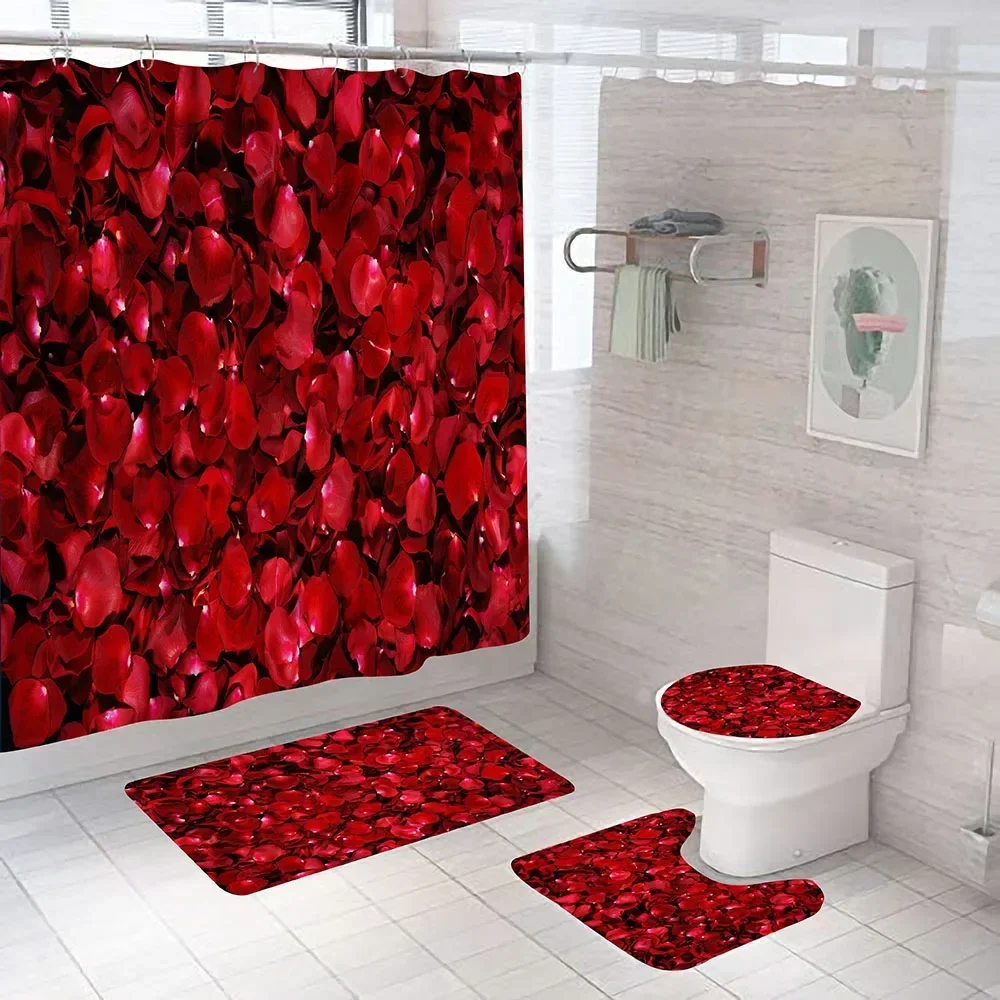 Red Rose Flowers Pattern Shower Curtain Set with Rugs Waterproof Bathing Screen Anti-slip Toilet Lid Cover  Bathroom Decor