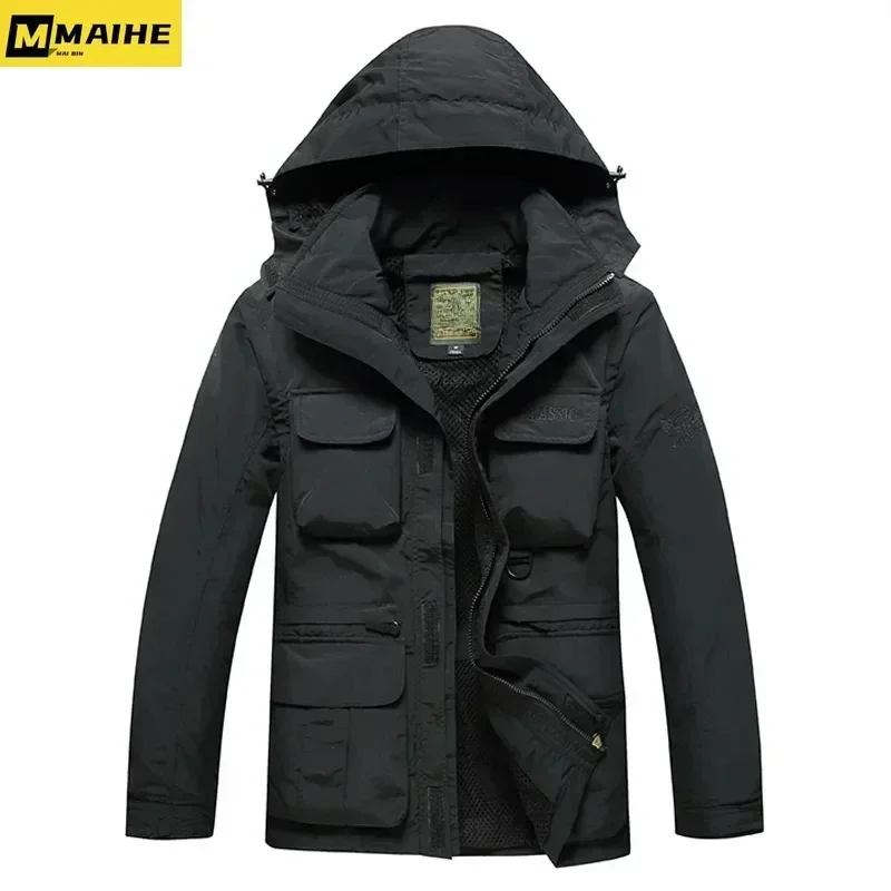 Men Tactical Jacket Autumn Quick Dry 2-in-1 XXXL Retro Style Army Coat Male 2022 Multi Pockets Hooded Windbreaker Waterproof