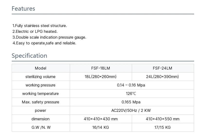 0.14-0.16 Mpa 18/24L Portable Autoclave Sterilizer Stainless Steel Hot Sale Small Autoclave