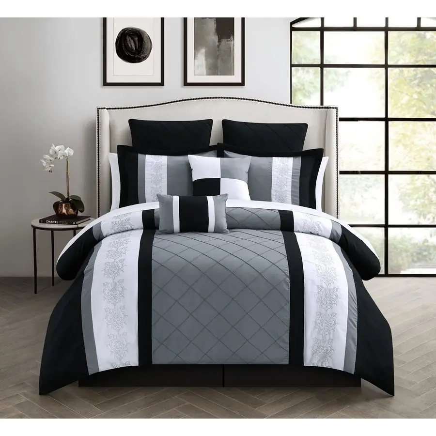 

8Piece Embroidery Comforter Set, Queen, Livingston Black