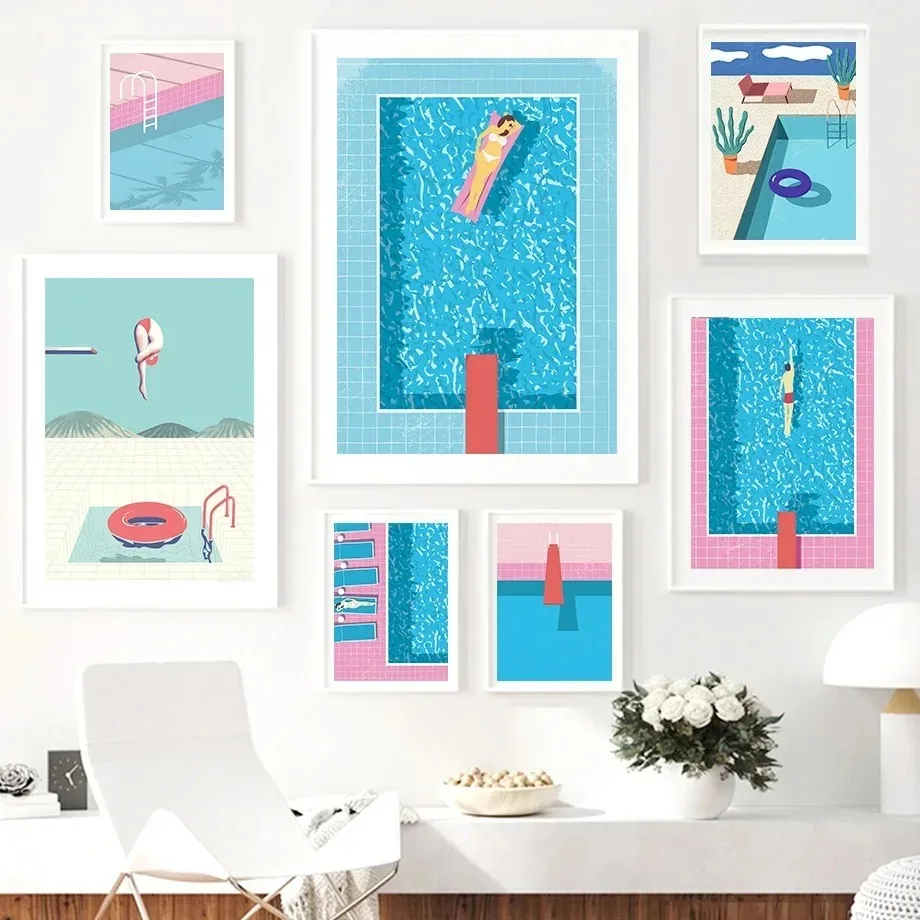 Blue Swim Pool Party Art Poster Print Woman Leisure Life Vacation Diving Canvas Painting Nordic Mural Bathroom Swim Home Deco