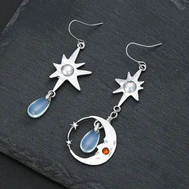 Retro Star and Moon Asymmetric Earrings Drip Shaped Long Earrings Made of Moonstone Featuring A Unique and Exclusive Design