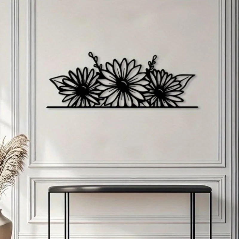 1pc Vintage Daisy Metal Wall Art - Black White Floral Silhouette, Durable Iron Hanging Decor for Home, Bedroom Decoration, House