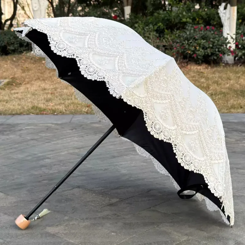 Premium Lace Embroidered Sun Umbrella Black Coated Rain Sun Parasol for Women Princess Folding Umbrella Elegant Wedding Sunshade