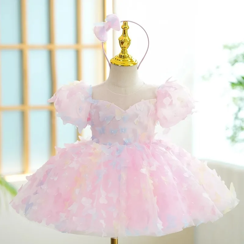 Vestido largo de tutú de mariposa para niñas, manga de burbuja francesa, vestido de princesa, vestido de graduación de Navidad, regalo de cumpleaños y Año Nuevo