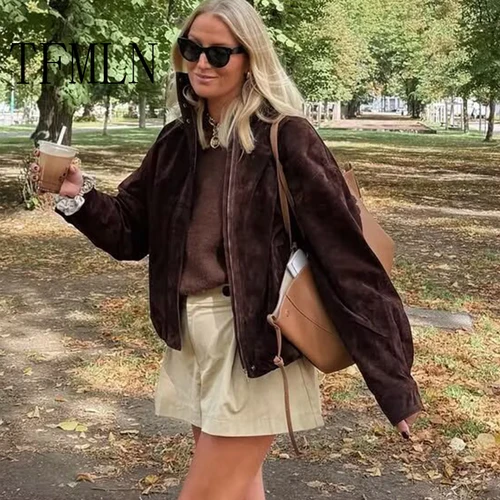 TFMLN nueva moda chaquetas de gamuza para mujer 2025 bolsillos femeninos elegante abrigo cálido Chic calle cremallera abrigos casuales