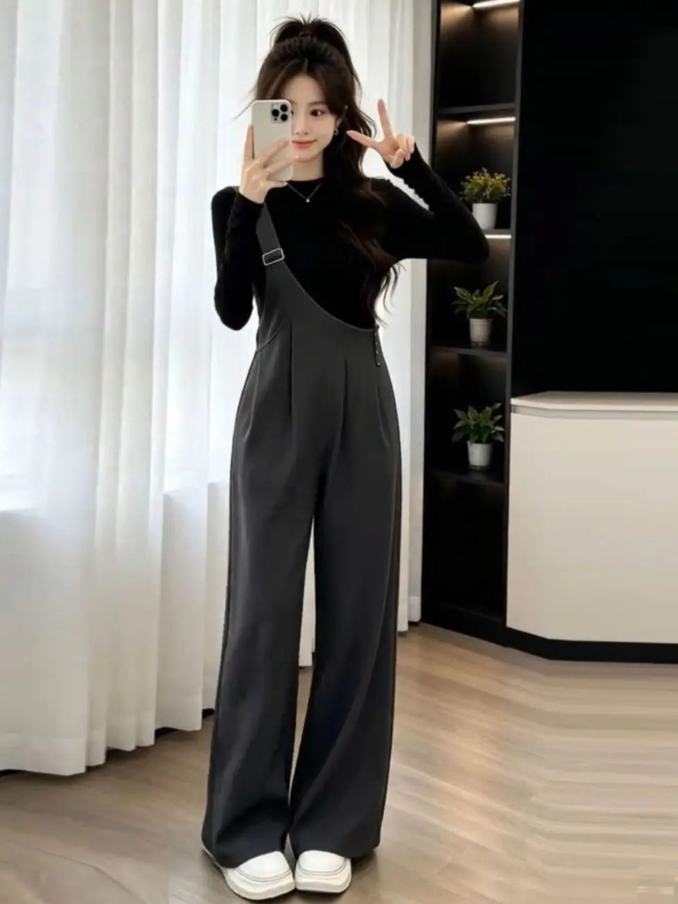 Fashionable High Waist Wide Leg Pants Set Women's Black T-Shirt Slimming Two-Piece Suit Autumn New Arrival Casual Style