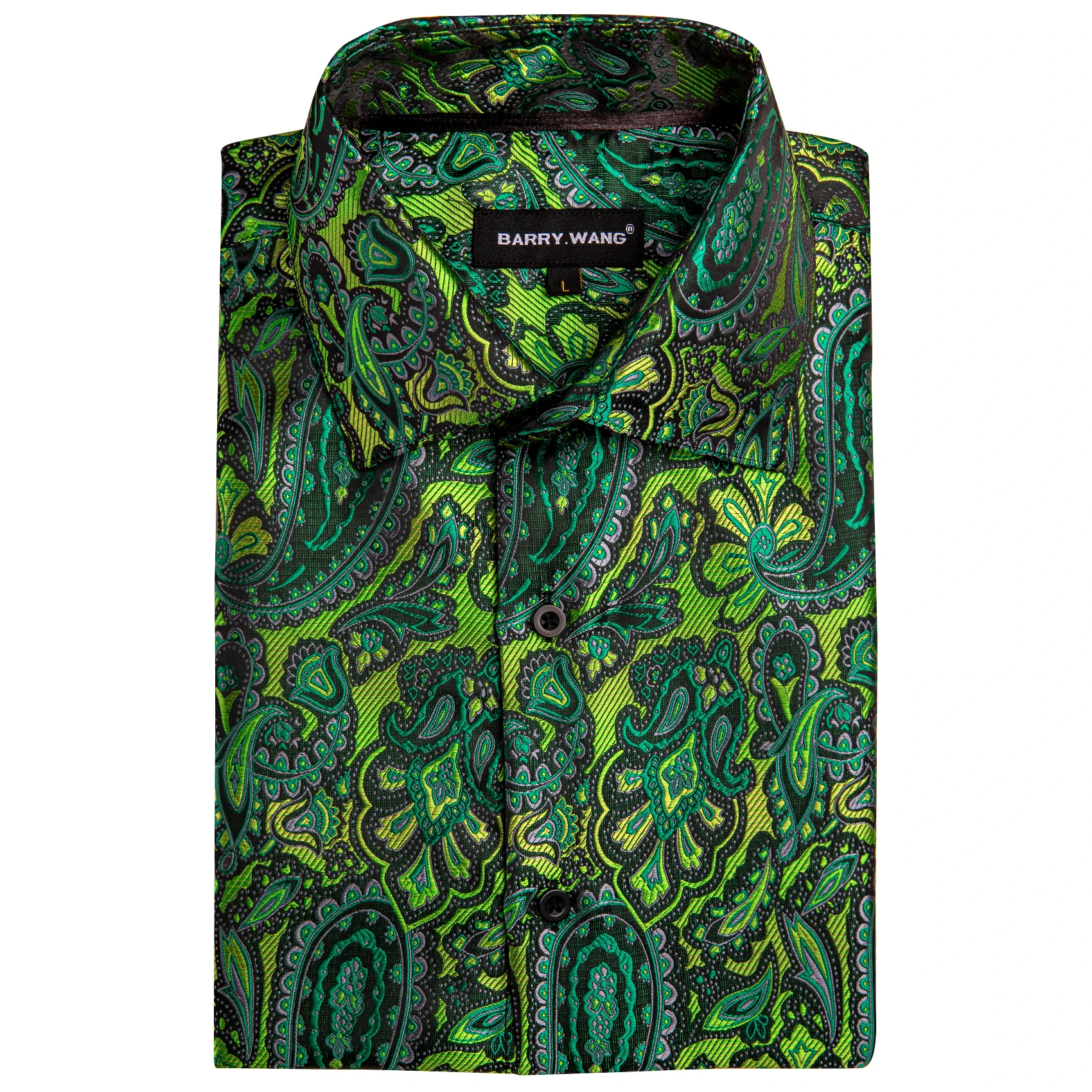 Luxury Shirts for Men Long Sleeve Silk Green Flower Slim Fit Male Tops Casual Button Down Collar Bloues Breathable Barry Wang