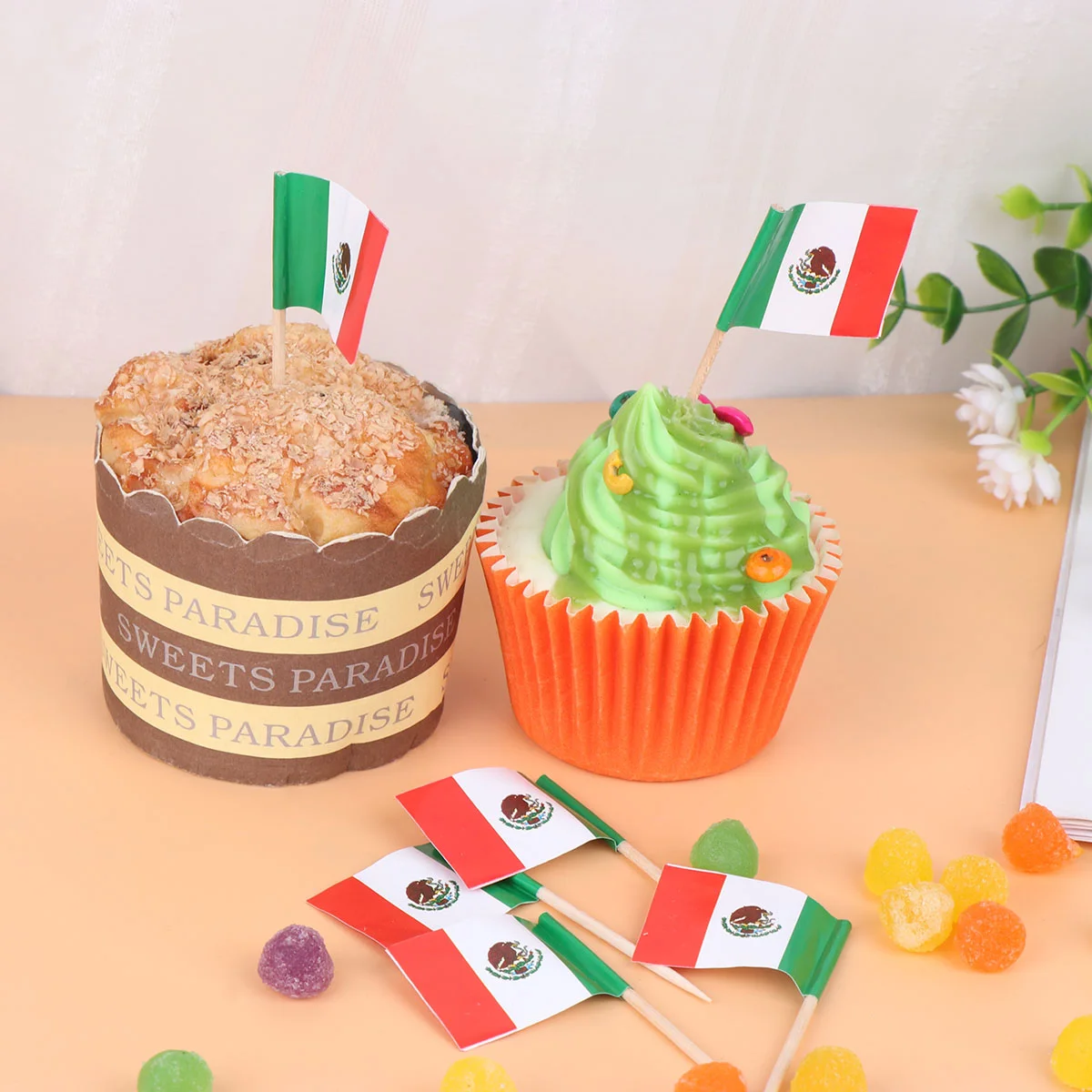 100 Pcs Mini Decor Decorative Cupcake Toppers Bamboo Mexico Flag on Stick Picks