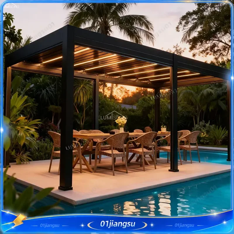 12x16ft Motorized Aluminum Pergola Gazebo Waterproof Windproof Adjustable Roof LED Light Outdoor Pavilion for Backyard Patio