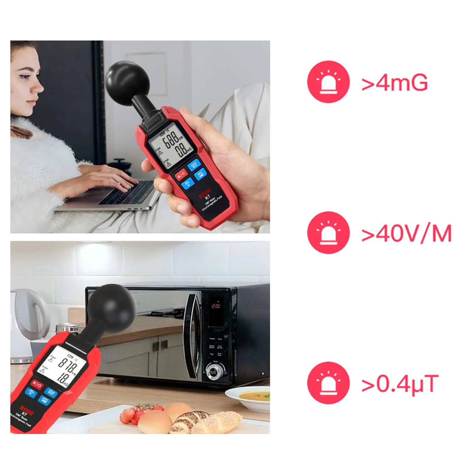 BSIDE Handheld EMF Meter Electromagnetic Radiation Tester Electromagnetic Field Radiation Detector Tester LCD EMF Meter Counter