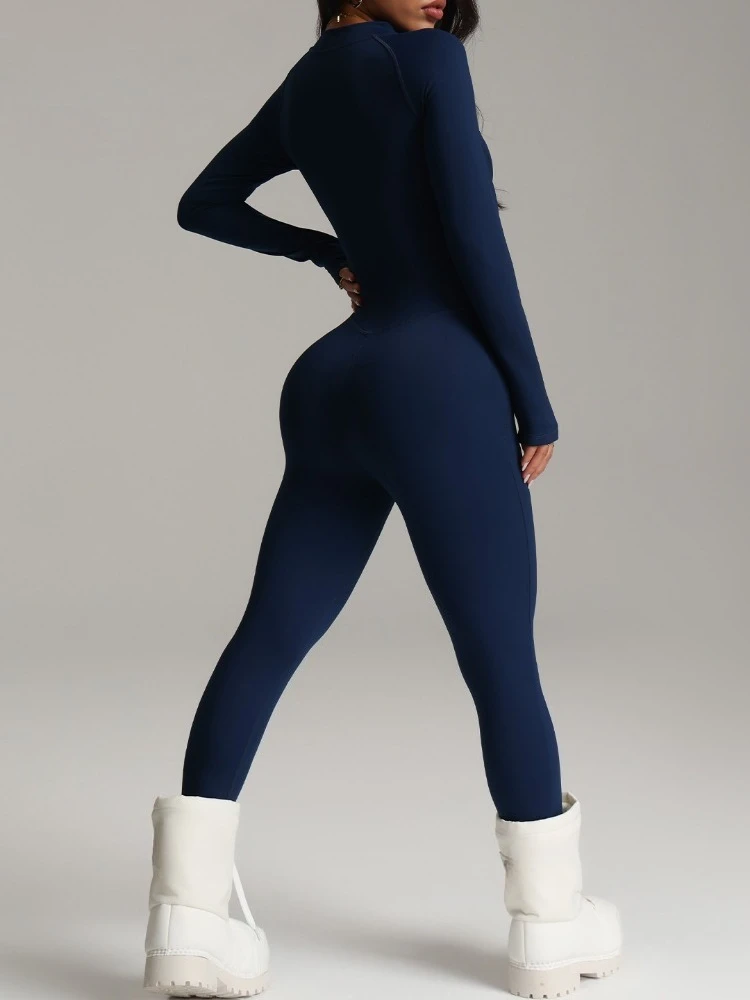 بدلة تزلج نسائية للخريف والشتاء مبطنة بالصوف مع سحاب وأكمام طويلة لليوجا واللياقة البدنية قطعة واحدة بدلة رياضية للجري في صالة الألعاب الرياضية