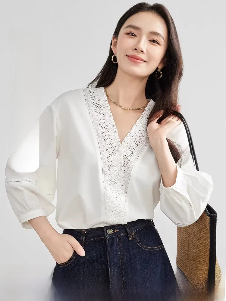 

Embroidered Patchwork V-Ne Simple oulder-Length Sve Bubble Sve irt for Women Spring 2026 New Sle Commute Sle