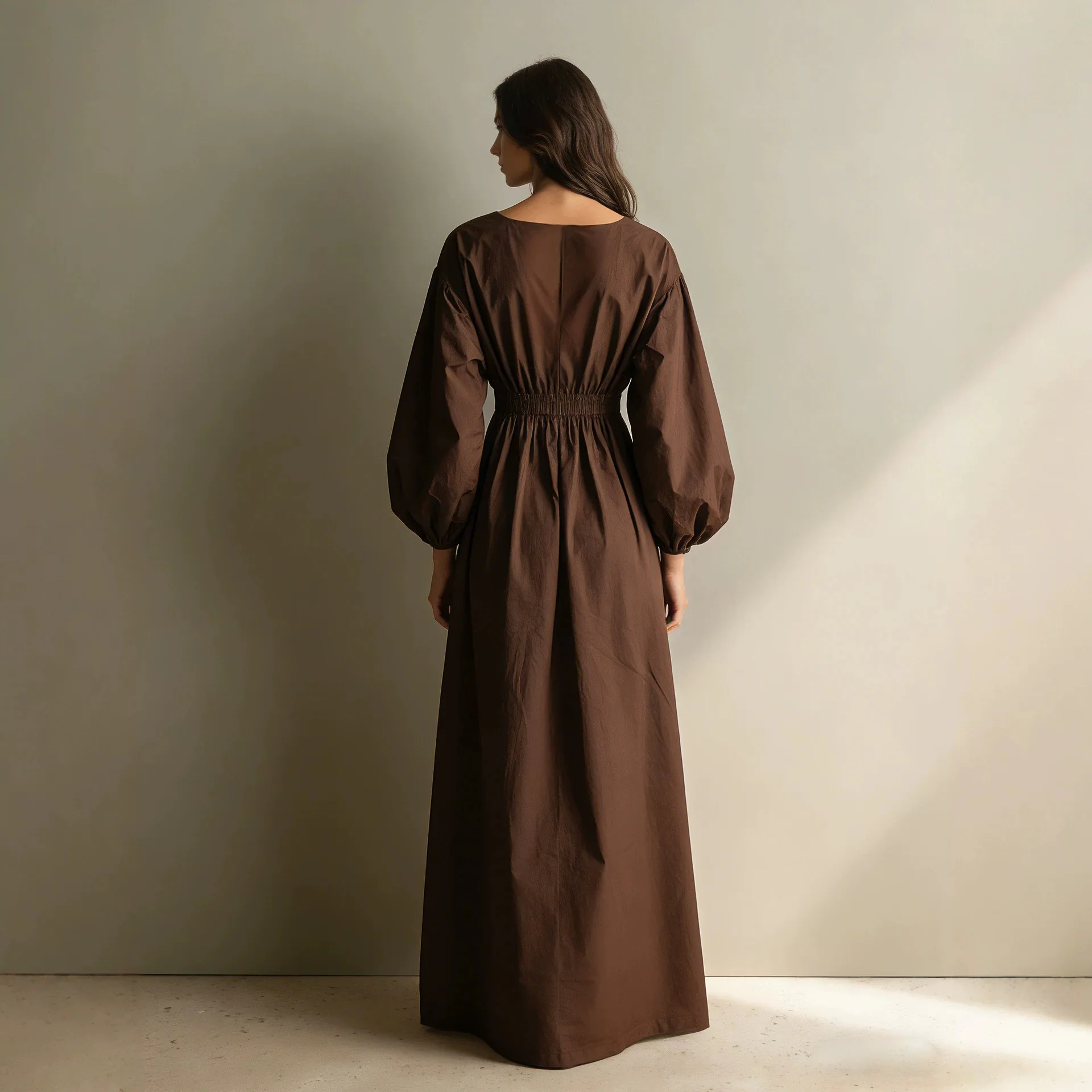 Women's Solid‑Color Maxi Dress Fashion V‑Neck Balloon Long‑Sleeve Elastic‑Waist Loose‑Fit Long Dress Casual Daily Office Wear