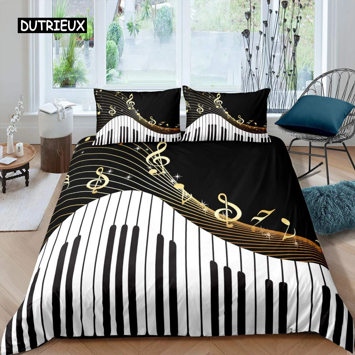 

Piano Pattern Duvet Cover Microfiber Classic Music Themed 2/3Pcs Bedding Set Musical Pattern Geometric Stripe King Quilt Cover