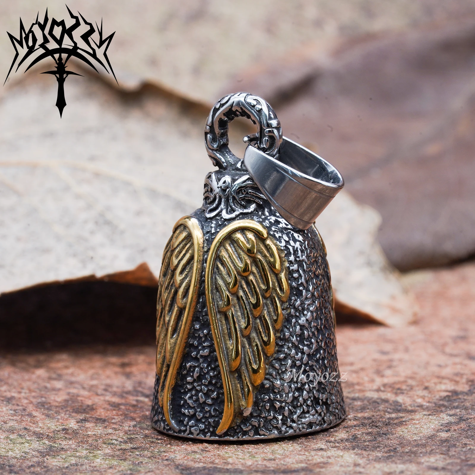 Gold Angel Wing Lucky Gremlin Ride Safe for Biker Luck Gremlin Ride 316L Stainless Steel Bell For Mens & FREE Bell Hanger