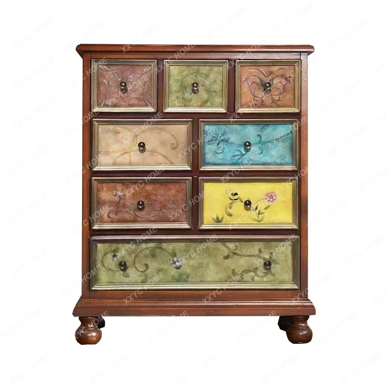 

L*Solid wood eight-bucket cabinet living room retro painted against the wall decoration style