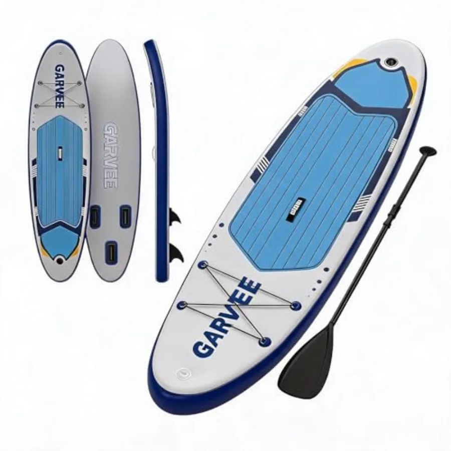 

Inflatable Stand Up Paddle Board for outdoor water sports PVC material, white and blue design, 10.6ft length, 33in width, 450lb