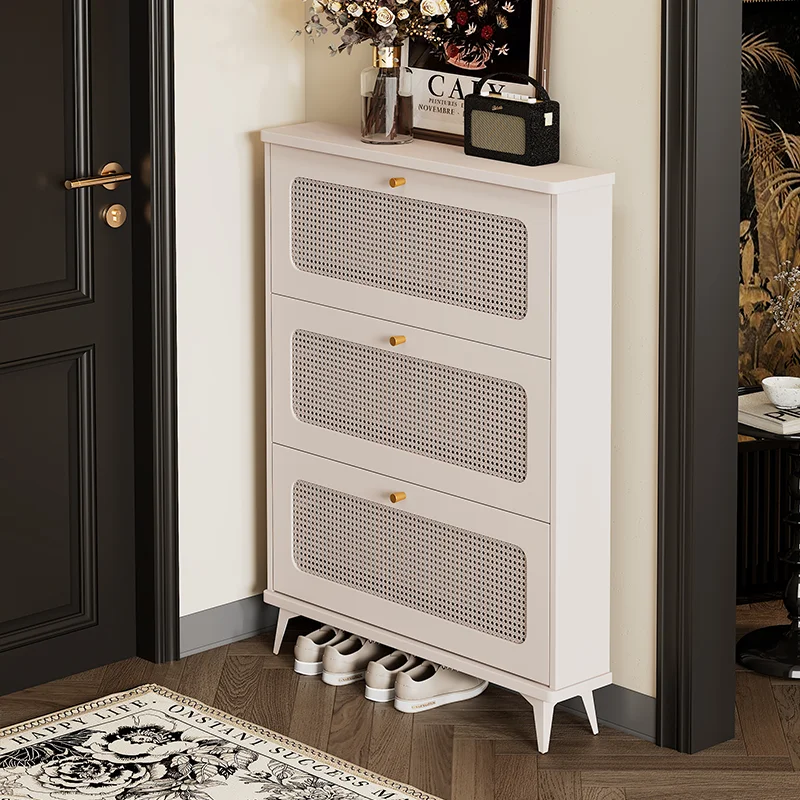 Ultra-thin shoe cabinet 2024 new popular rattan entrance integrated against the wall to enter the house Tipping bucket Narrow