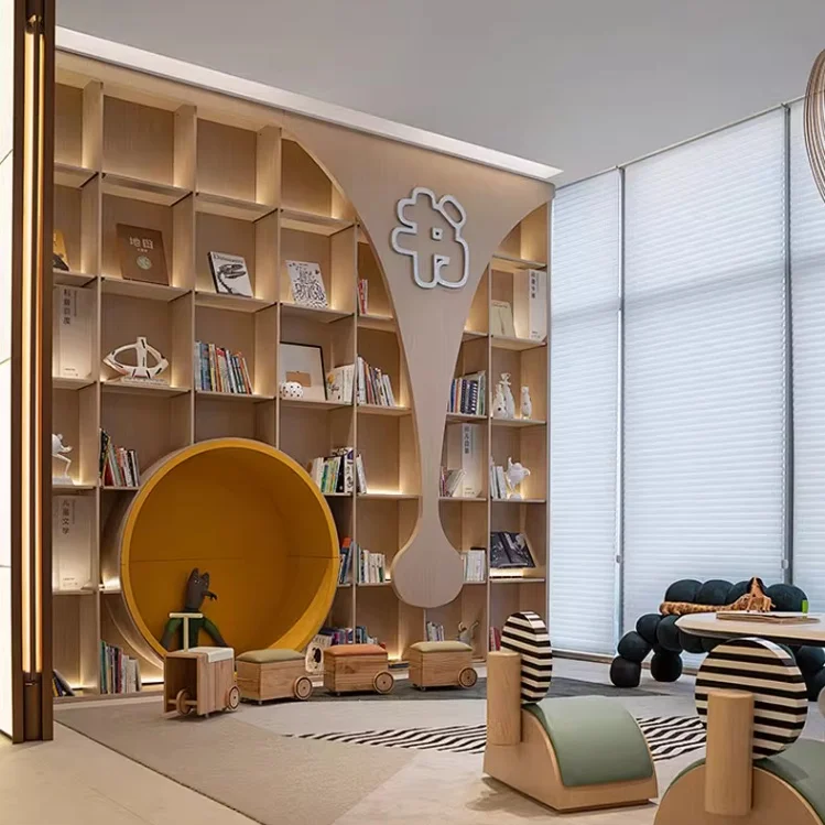 Biblioteca infantil, muebles de jardín de infantes, estanterías Estanterías con temática de animales de diseño personalizado