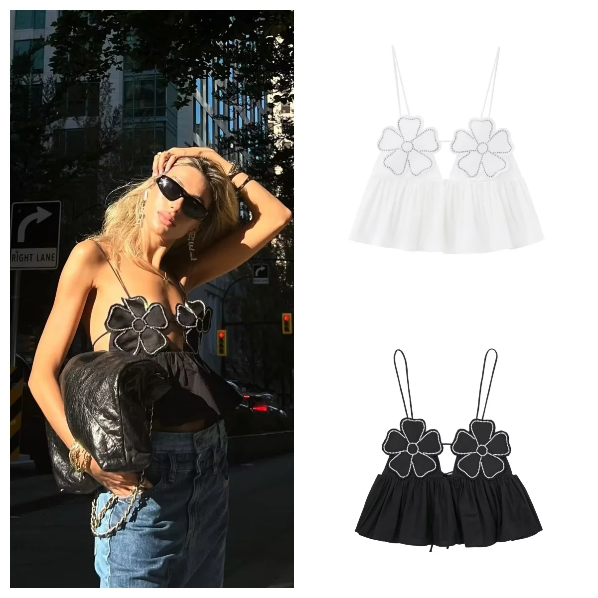 

French style shiny flower decoration sexy camisole for women summer new back strap design short top