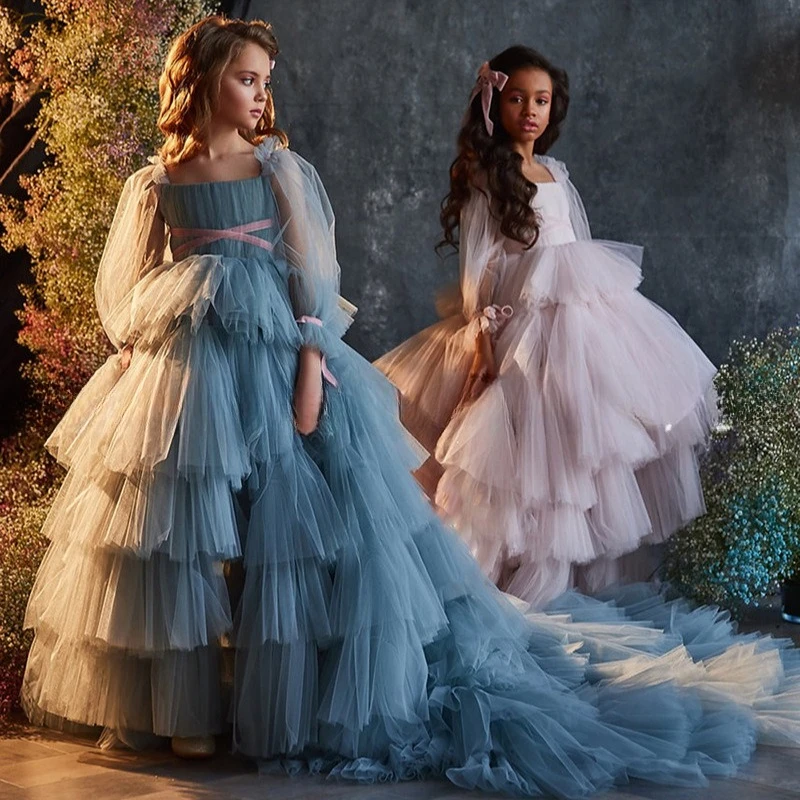 Children Girls Sweep Train Princess Dress Costume Tutu Fashion Kids Birthday Evening Gown Model Piano Performance Pageant Outfit