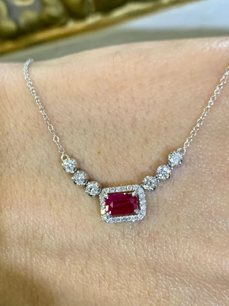 Ruby 0.5CT And Round 0.34CTW Cut Lab Grown Diamond 14k Gold Halo Adjustable Necklace NO IGI