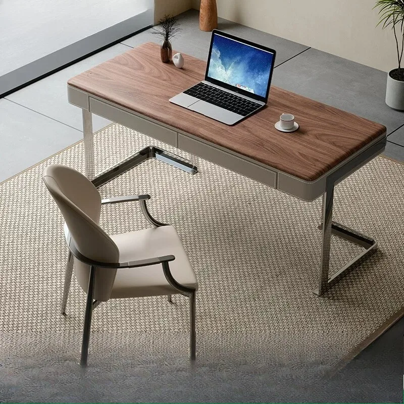 style walnut grain solid wood desk, Italian minimalist high-end writing desk villa saddle leather computer table and chairs