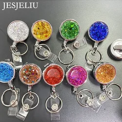 1Pc Round Glitter Sequins Badge Reel Retractable Badge Holder Nurse Doctor ID Card Holder Lanyard Pull Key Chain Office Supplies
