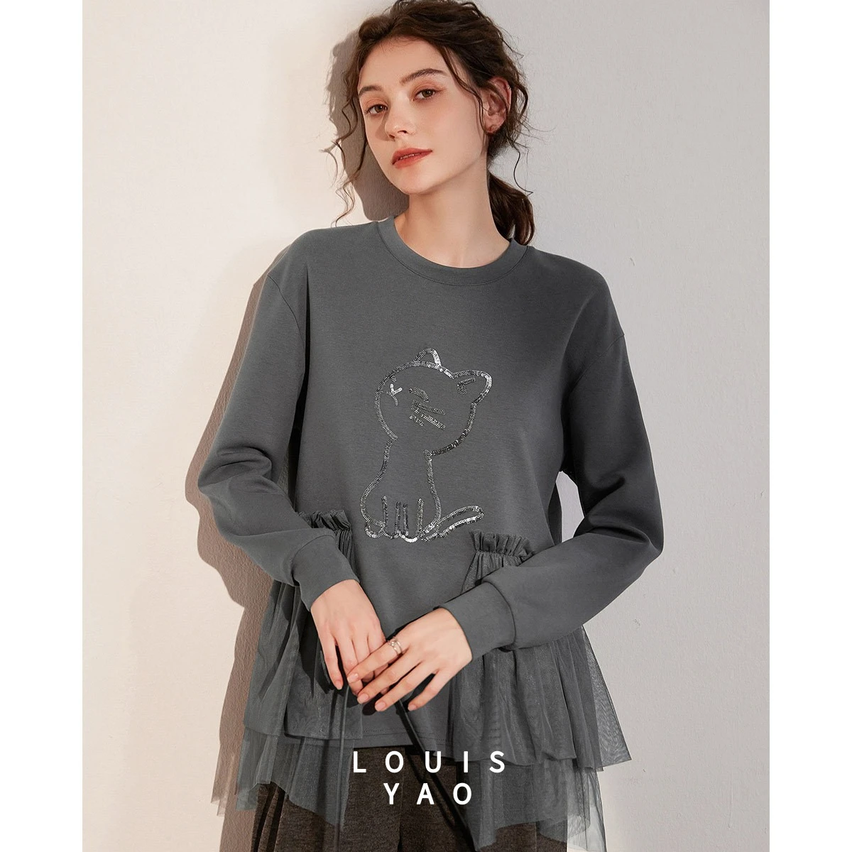 LOUISYAO Embroidered Sequin Splicing Mesh Women's Sweatshirts 2025 Winter Top Round Neck Sleeves Micro Elastic Hoodie
