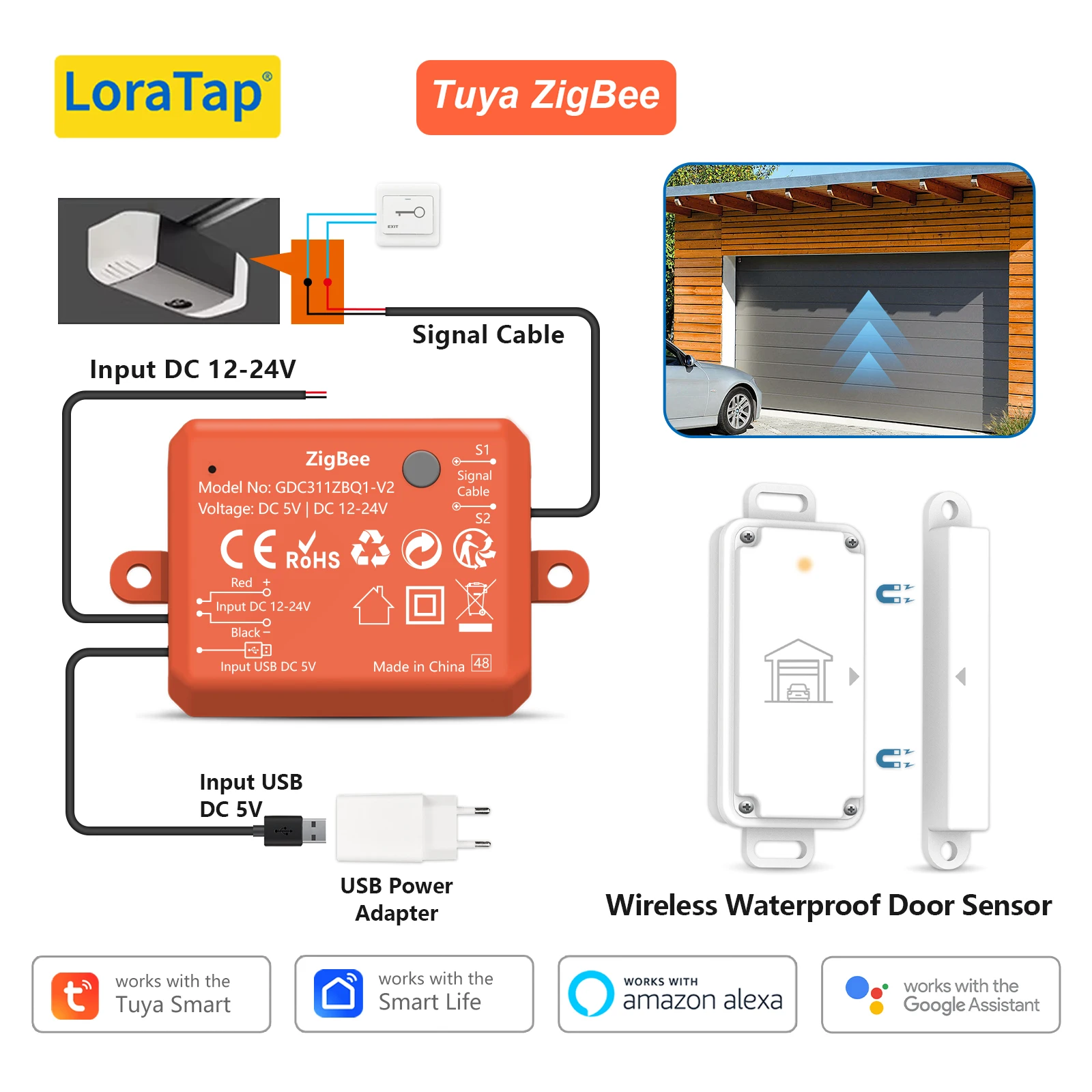 

LoraTap Tuya ZigBee Garage Opener Controller Wireless Waterproof Door Sensor Smart Life Remote Control Google Assistant Alexa