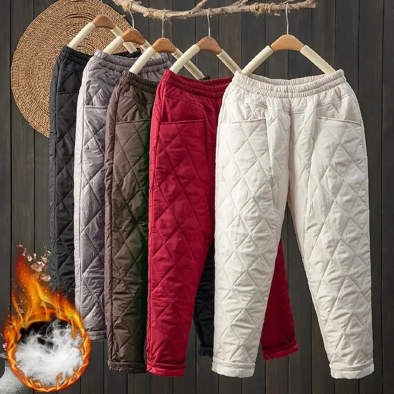 

Warm Winter Down Cotton High Waist Harem Pants Casual Thicken Diamond Plaid Ankle-length Spodnies Windproof Snow Wear Sweatpants