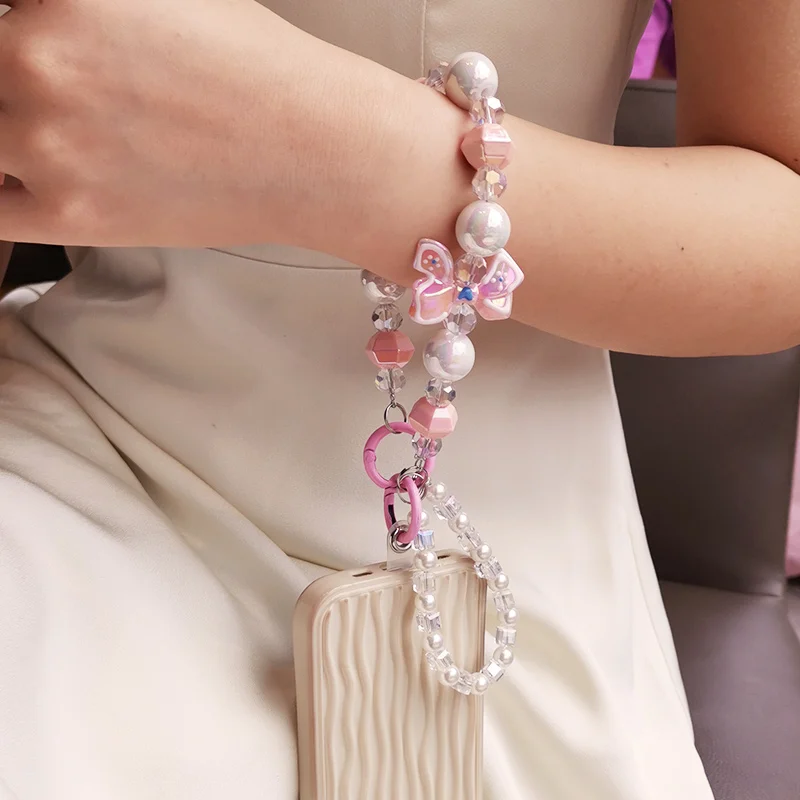 Mobile Phone Lanyard Short Style Wrist Strap Bow Knot Handmade Beaded Bracelet Pendant Lanyard Anti-Lost Wide Wrist Strap