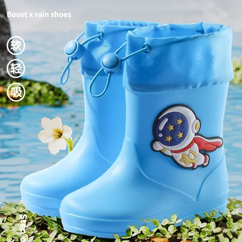 Cute Cartoon Astronaut Pattern Solid Color Children Rain Boots Kids Fashion Anti Slip Waterproof Antifouling Shoe Cover Outdoor