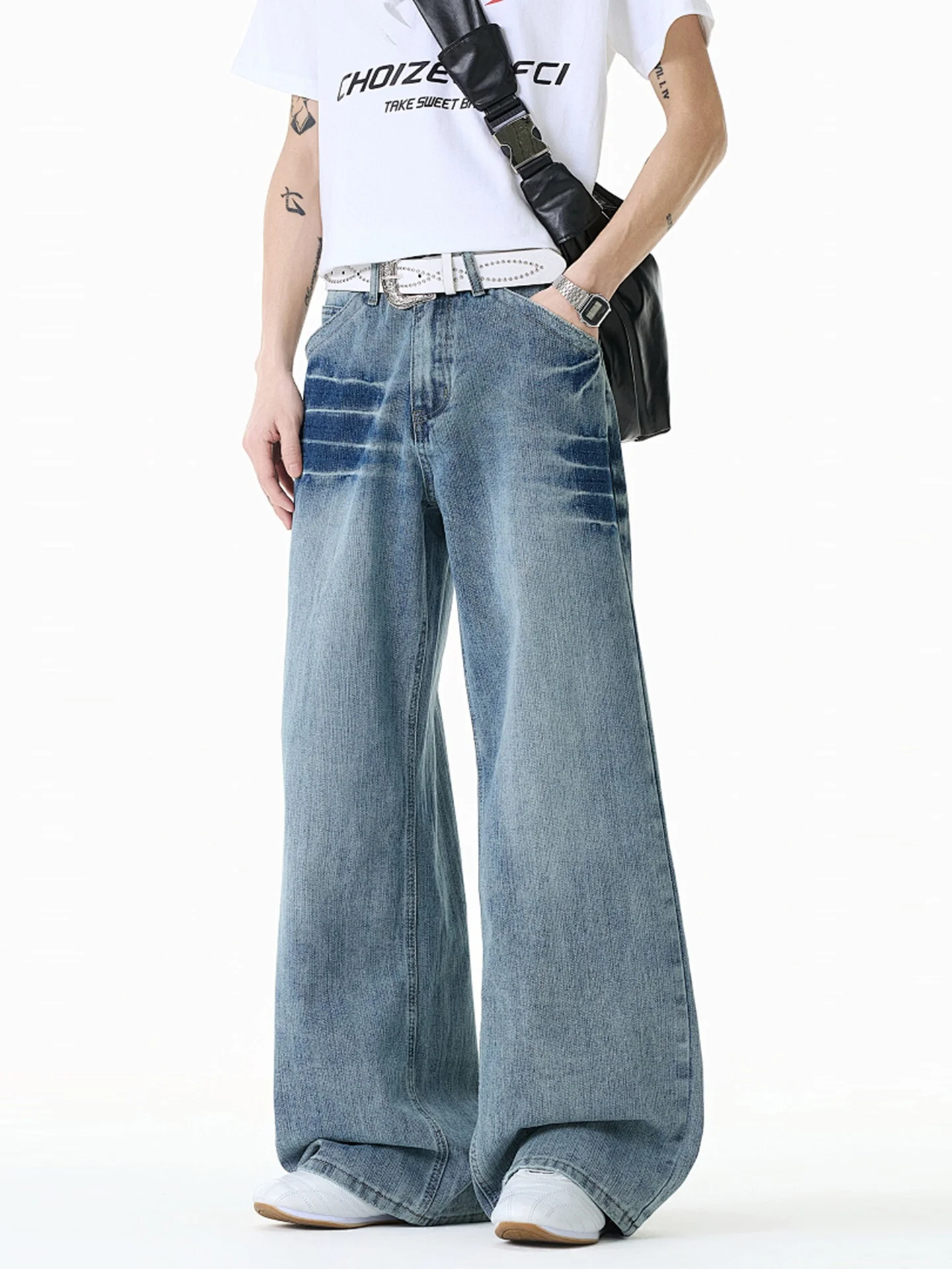 Retro Washed American High Street Straight Leg Jeans Loose Wide Leg Casual Jeans Thunder Stripe Pattern Youth Popular Jeans