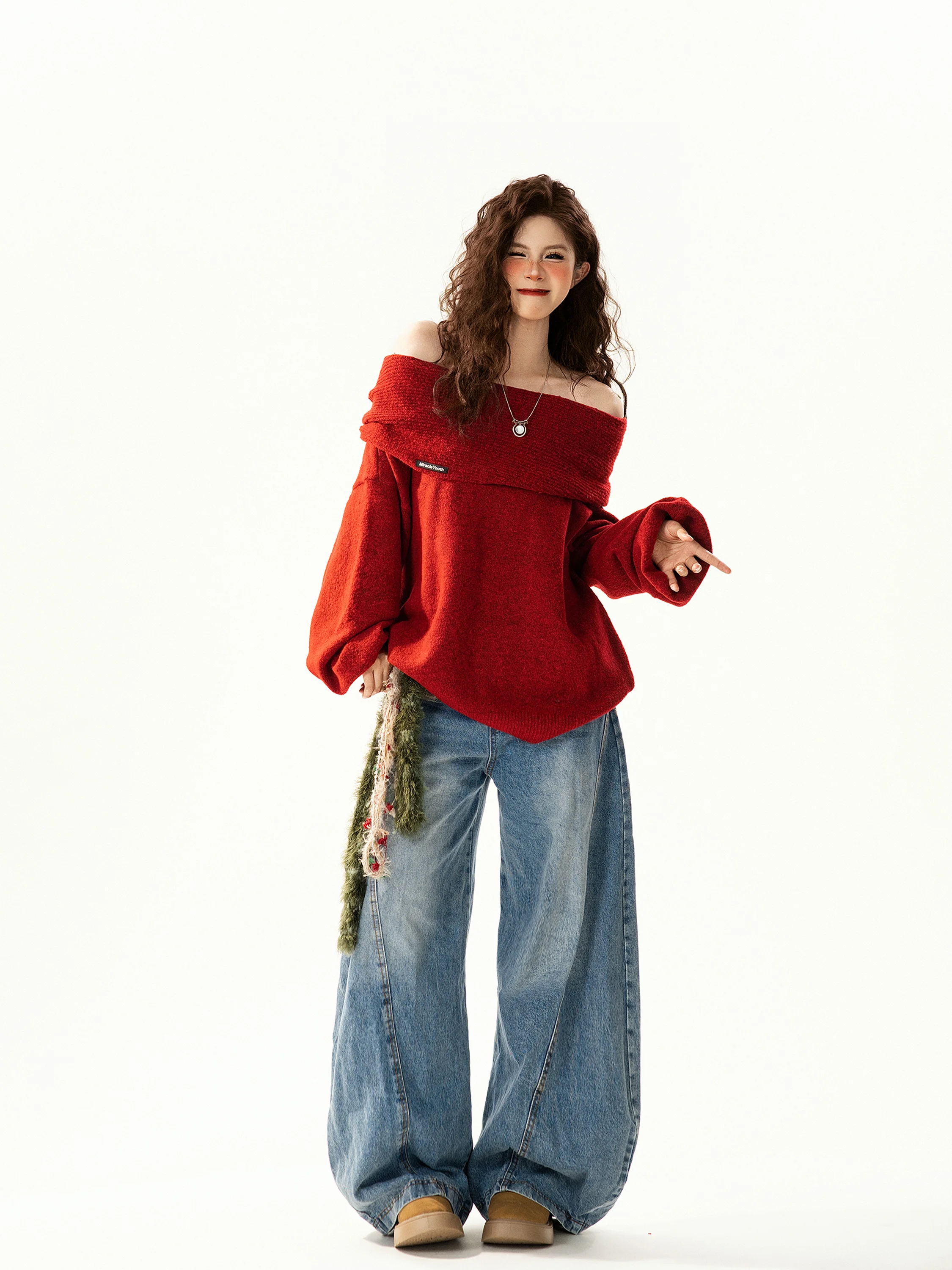 

Красный свободный свитер с колючками, женский модный универсальный вязаный топ в стиле ретро, Aosphere Sensation, одно слово, дизайн oulder